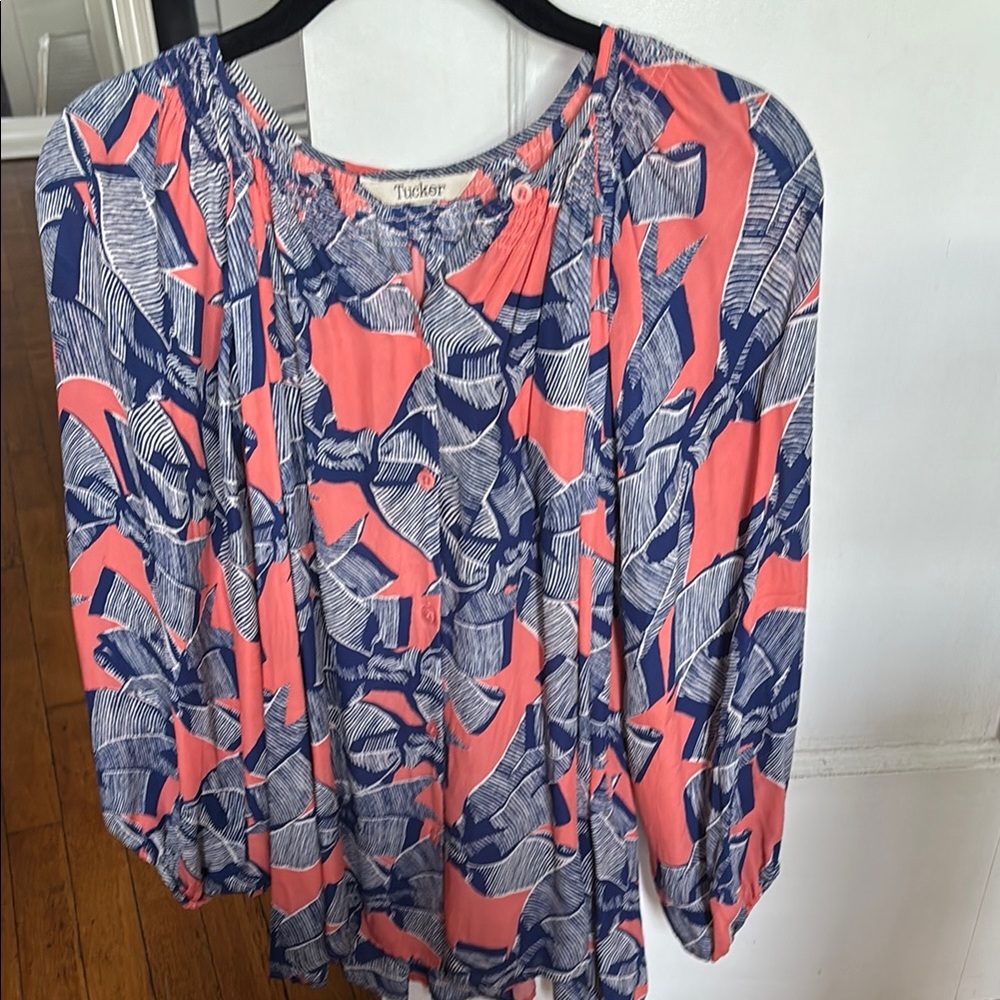 Tucker Silk Pink Blue Bow Print Blouse 3/4 Sleeve Size [L]